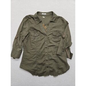 Ali & Kris Olive Green Embellished Button Down Shirt Medium Studded Cross Boho